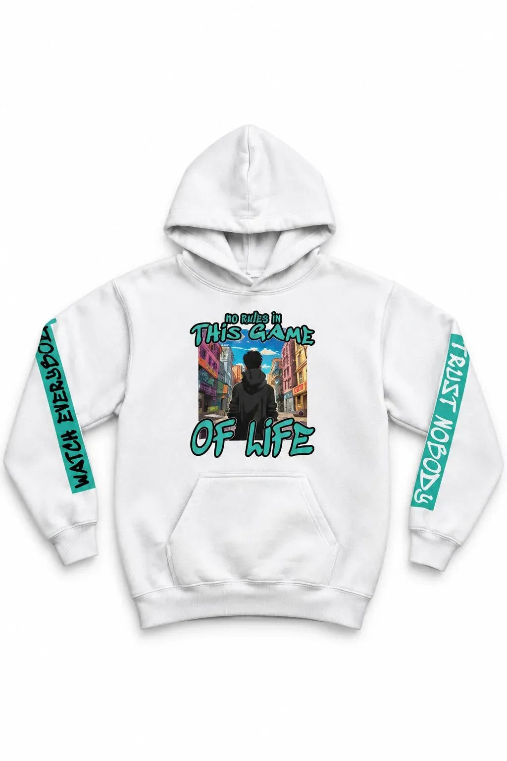 white hoodie with graphic design and text on a white background